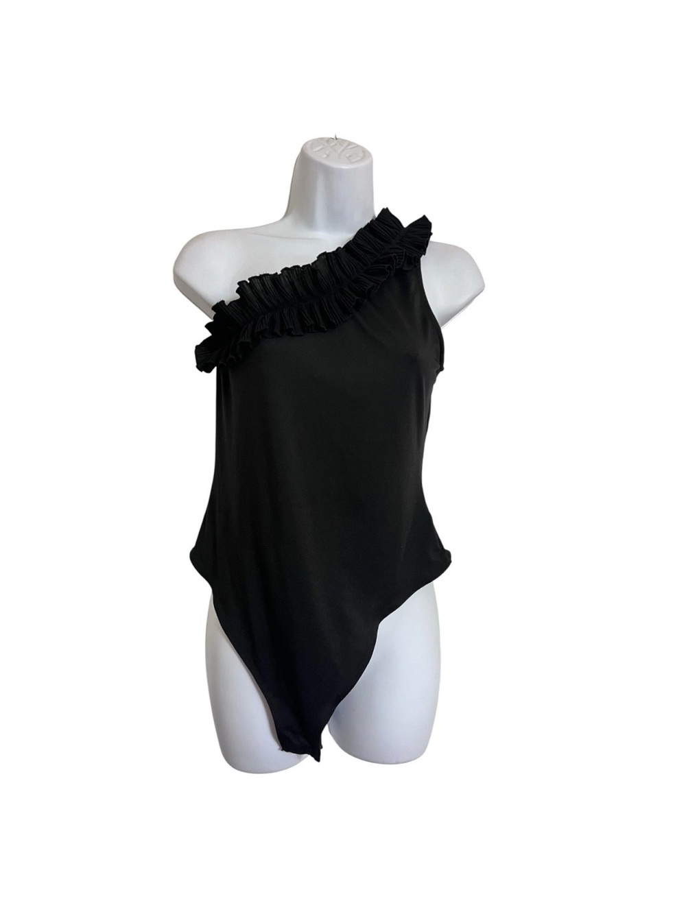 H&M Black One-Shoulder Ruffle Trim Sleeveless Thong Bodysuit